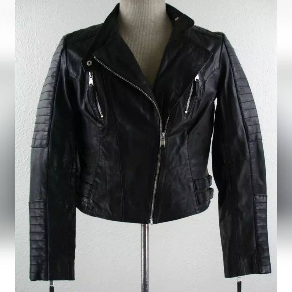 Marc New York Signiture Cafe Racer Biker Leather Jacket Black Size XS